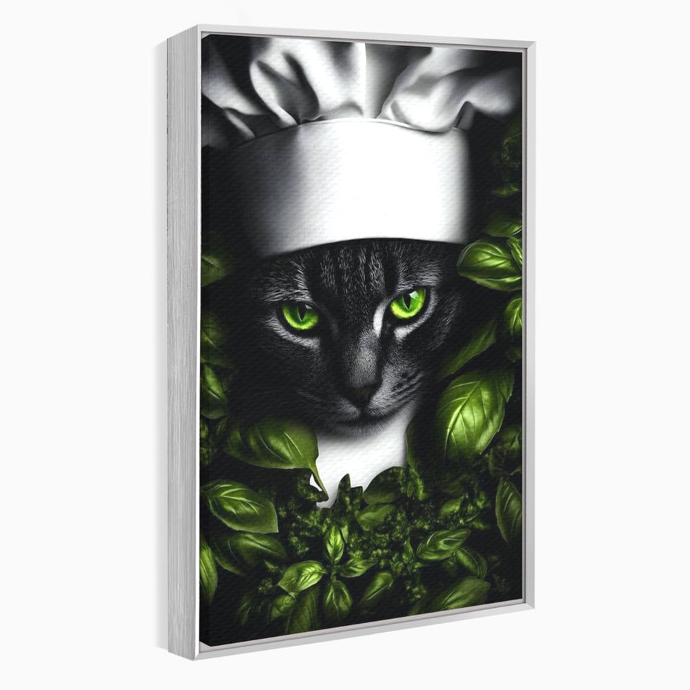 Tablou canvas cu tablou canvas cu pisica bucatar si frunze, in rama de aluminiu argintiu